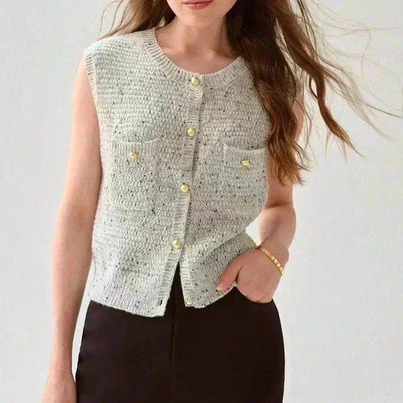 Light Grey Women's Casual Blend Gray Button Trimmed Sweater Vest - Picture 1 of 8